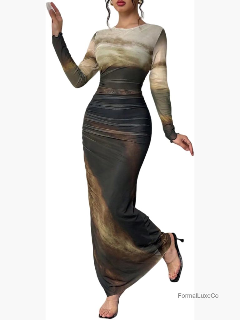 Long Sleeve Bodycon Maxi Dress Mesh Ruched Tie Dye Cocktail Dress